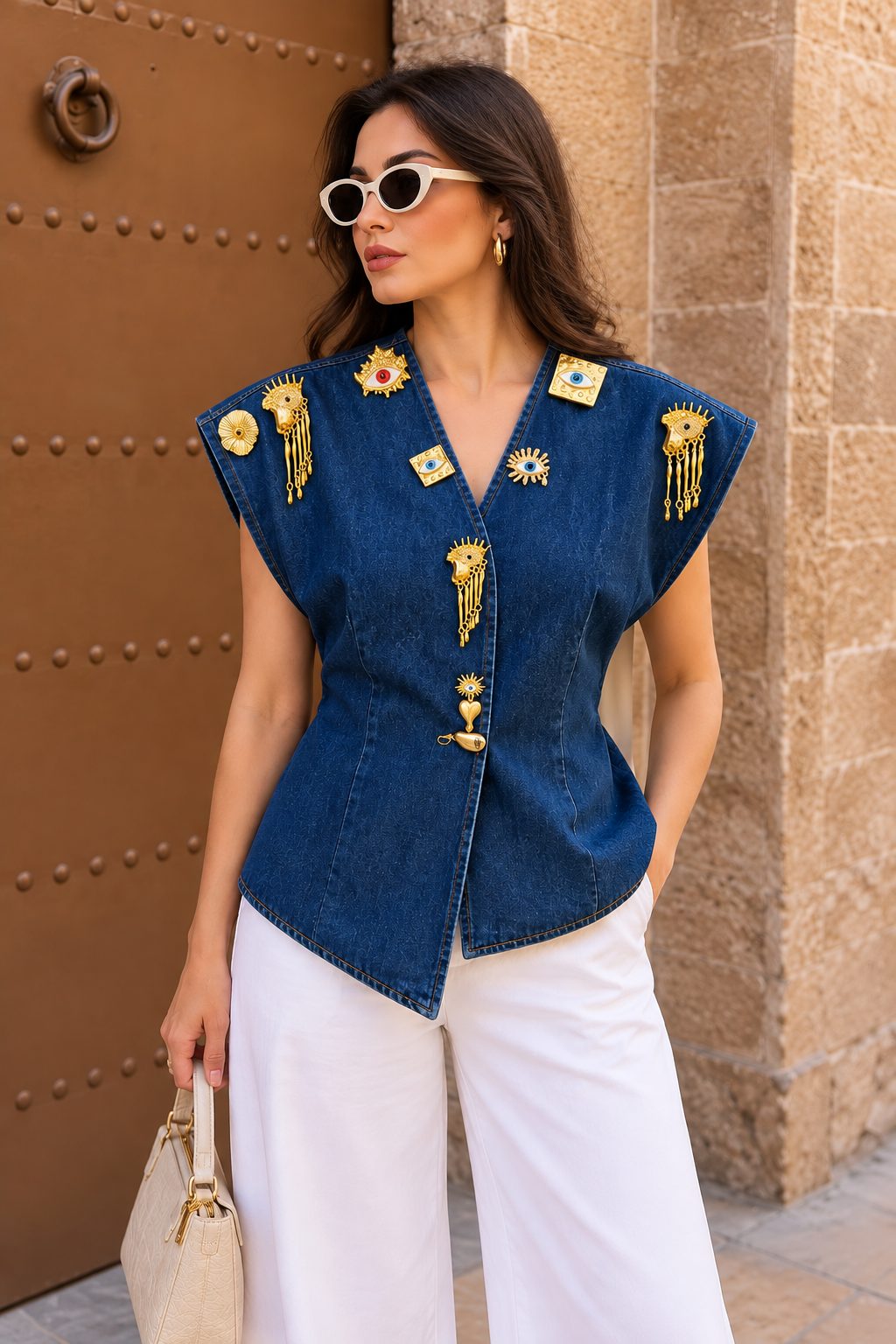 Denim Vest With Brooches
